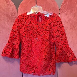Boden | Brittany Lace Blouse | Bell Sleeves | Hearts and Birds Motif | Red